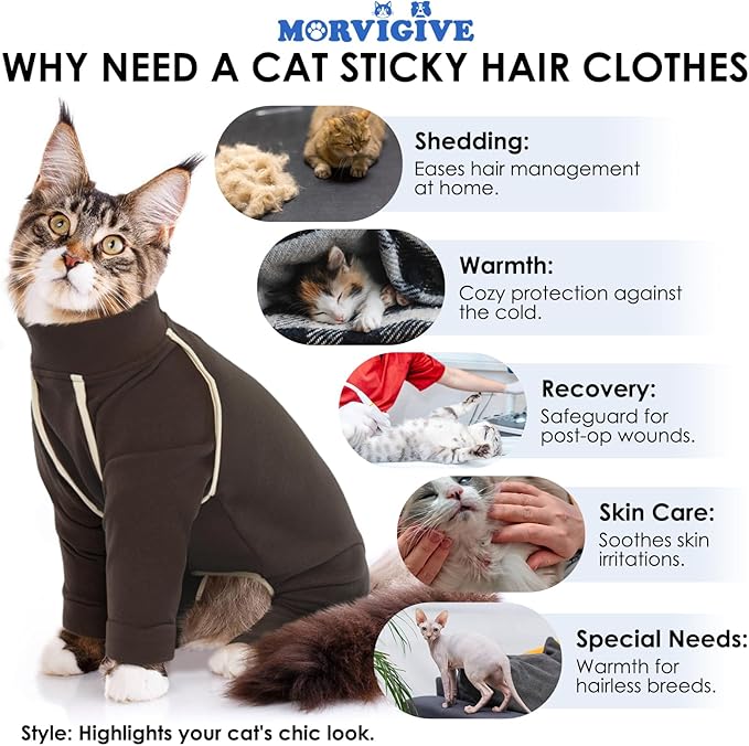 Sticky Hair Cat Clothes - Coffee M Onesie for Sphynx Cats, Soft Pajamas, Prevents Lost Hair