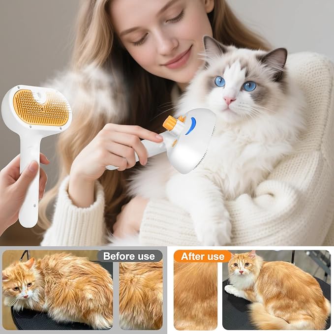 Pet Steam Brush for Dog & Cat – 3-in-1 Spray Hair Removal Comb – Steam for Shedding & Grooming – Water Brush for Long & Short Haired Pets – Spritz Defur Comb – Includes Waterless Shampoo