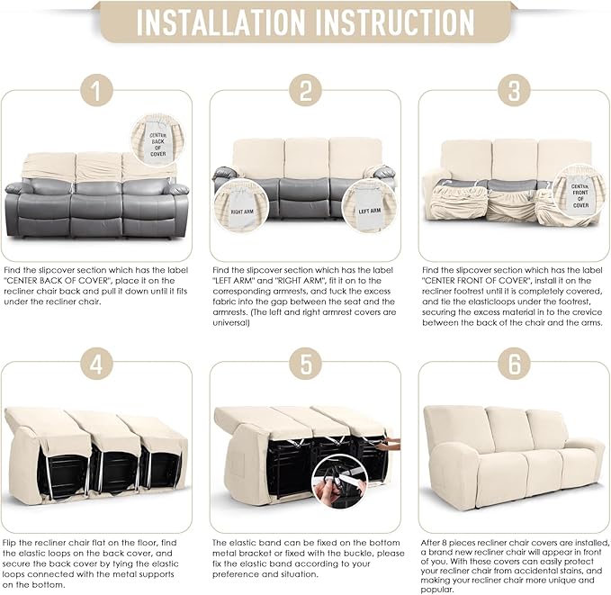 TAOCOCO Recliner Sofa Covers 8-Pieces Stretch Large Couch Covers for 3 Seats Reclining Slipcovers Soft Jacquard Pattern Furniture Protector (Beige)