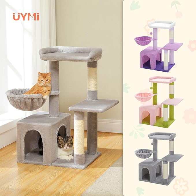 Cat Tree for Indoor Cats with Metal Frame Plush Hammock, 32" Cat Tower with Cozy Condo, Top Perch, Scratching Posts, and Replaceable Ball Toy, Pet Furniture for Small Cats & Kittens, Grey