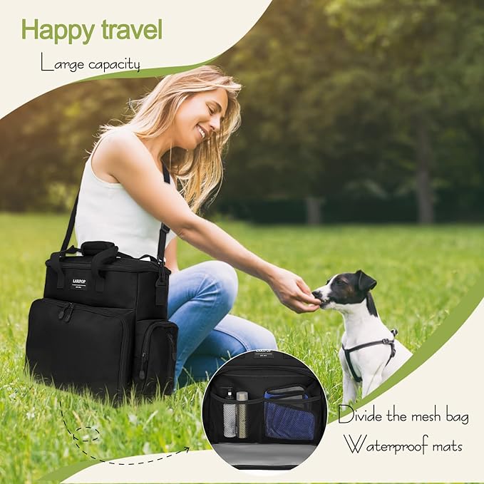 LARIPOP Dog Travel Bag, Airline Approved Tote, Multi-Function Dog Bags for Traveling, Includes 2 Collapsible Bowls, 2 Food Storage Containers, 1 Feeding Mat, Black