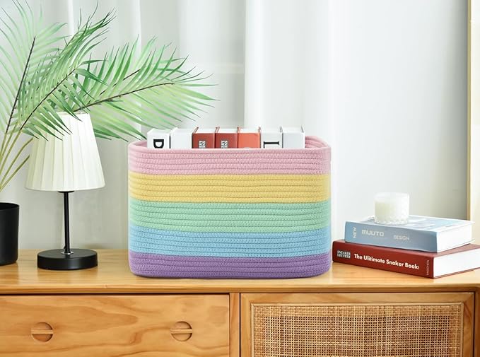 Storage Basket,Woven Baskets for Storage,Cotton Rope Baskets for Organizing,decorative Baskets for Shelves,book Basket,towel Basket,Toy Basket or Storage Bins (Light Rainbow)