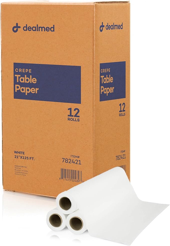 Dealmed Medical Exam Table Paper Roll | Disposable Covers for Doctors, Physicians, Diaper Changing, Waxing, Chiropractor, Tracing, Drawing, Coloring | Crepe, White, 21" x 125', 12 Rolls/Case