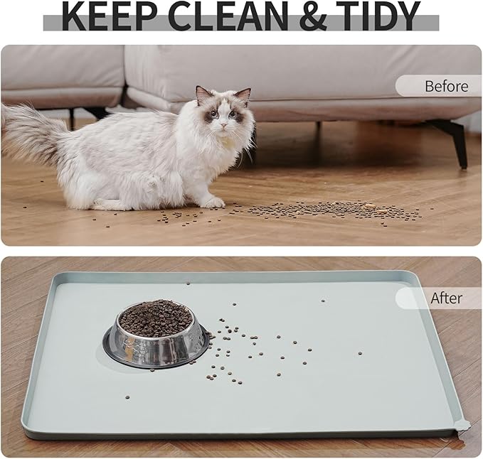 Reopet Waterproof Pet Feeding Mat with High Raised Edges, Heavier and Thicker Placemats for Cat Dog Water Bowl with BPA Free, Dogs Cats Food Mats for Messy Drinkers to Prevent Spill and Protect Floors