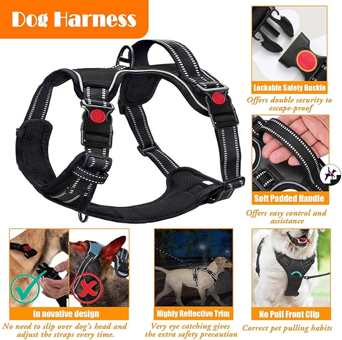 No Pull Dog Harness, Collar & Leash Set | Includes Dog Seat Belt, Collapsible Bowls & Poop Bag Dispenser. Ideal for Training, Walking, Hiking. Fits Small to Large Dogs(Blue-L)