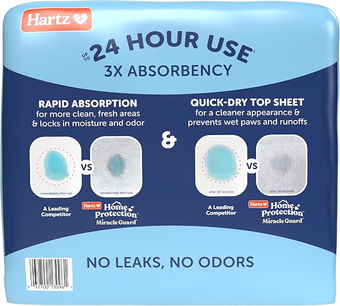 New! Hartz Home Protection Miracle Guard Dog Pads, Regular Size 50 Count, 3X Absorbency & 3X Longer use, Won't Leak and Odor Eliminating