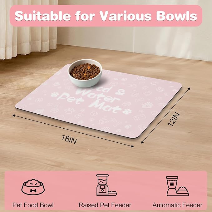 Pet Feeding Mat,Dog Cat Mat for Food and Water,Dog Bowl Waterproof Placemat with Rubber Backing,Absorbent Quick Dry Water Dispenser Mat for Pet(Pink 12"×18")