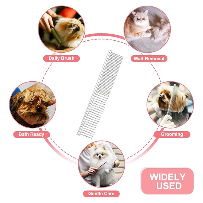 PETAXCELL Dog Cat Comb, Pet Combs Stainless Steel Teeth with Rounded Ends for Knots Mats Loose Hair Removal, 6.5IN (Silver, 3 Pack), Grooming Tool Intended for Long Curly Hair Pet