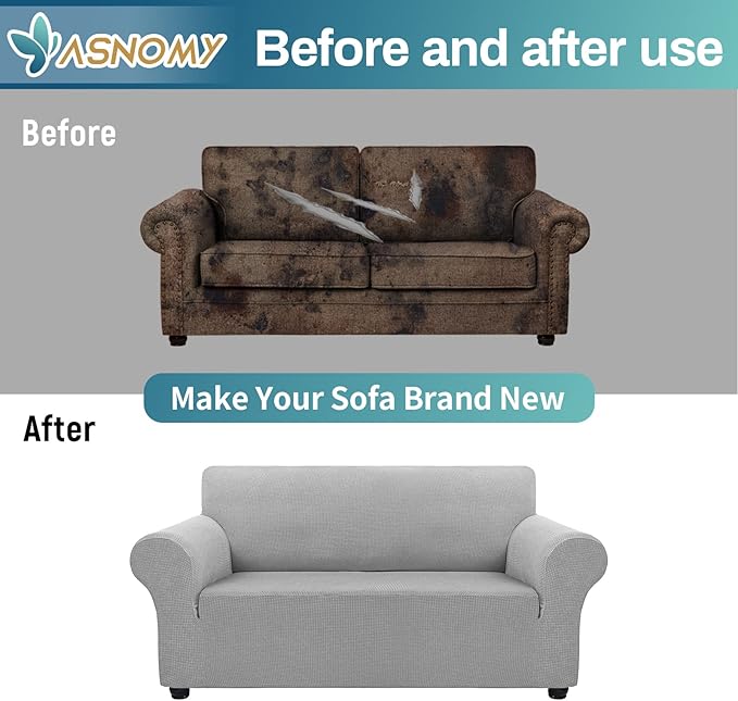 Asnomy Sofa Covers for 2 Cushion Couch Stretch loveseat Covers Slipcovers, Pet Protector Furniture Covers for Dogs Cats Spandex Jacquard Fabric Small Checks (Medium,Silver)