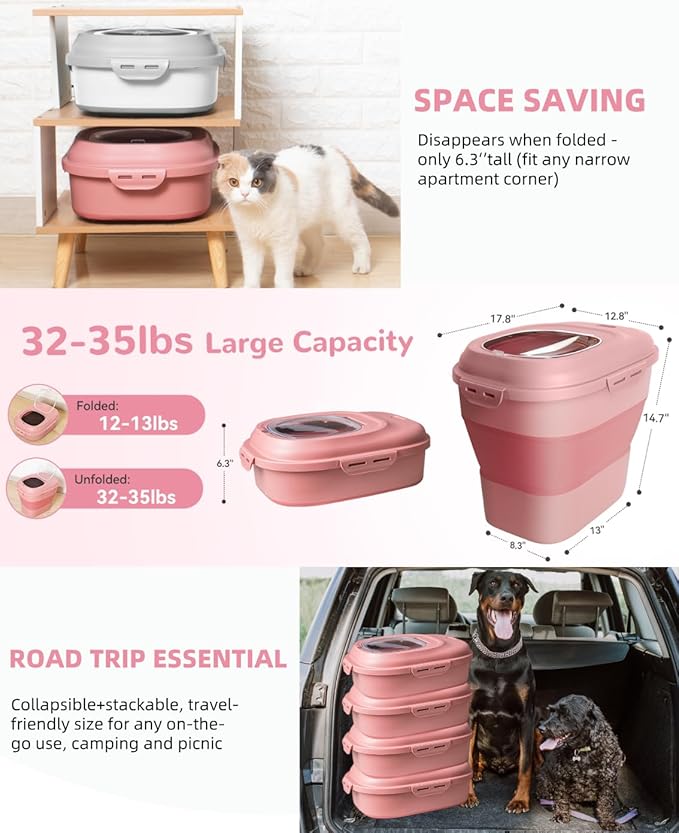 DDMOMMY 30-35 Lbs Dog Food Storage Container Collapsible Dog Food Container with Airtight Lids, Wheels, Scoop and 2pcs Food Storage Containers, Large Pet food storage for Dog, Cat (Pink)