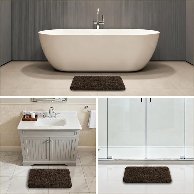 Brown Bathroom Rugs 17"x24" - High-Density Microfiber Bath Mat, Fluffy Non Slip Absorbent and Washable Bathroom Mat - Ideal for Small Spaces, Vanity, Toilet, or Pet Mat