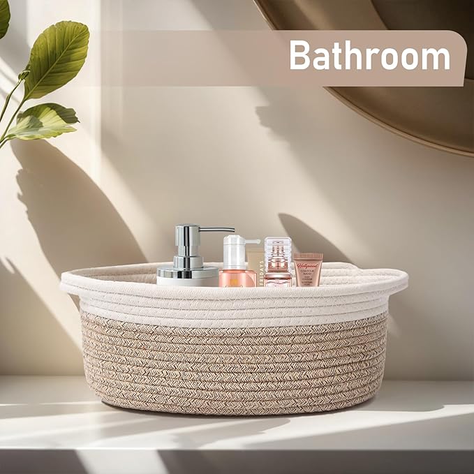 JMvicyroam Woven Basket,Small Rope Storage Bin with Handles & Ribbon Bag, Organizer for Shelves Closets,Gift Basket Empty for Birthday,Books,Dog Toys, White&Oatmeal