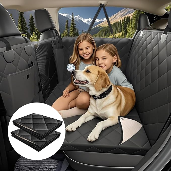 ISAGAPOY Back Seat Extender for Dogs - Large Space, Hard Bottom Pet Car Seat Cover (Holds 400lbs) with Removable Soft Blankets & Travel Portable Dog Bowl, Waterproof Dog Hammock for Trucks