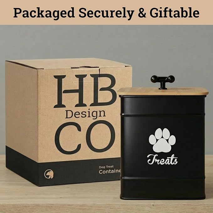 Dog Treat Container Airtight - 6 Inch Wide x 8 Inch Tall Iron Dog Treat Jar for Kitchen Counter with Airtight Bamboo Lid - 12 Cup Capacity Pet Treat Container - Doggie Cookie Jar - Big Treats Canister