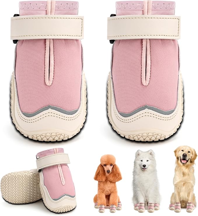 Hcpet Dog Boots for Large Dogs, Dog Shoes for Hot Pavement Winter Snow, Paw Protector Dog Booties Designed for Comfort and Breathability, Outdoor Booties for Small Medium Dogs for Hiking Pink Size 1