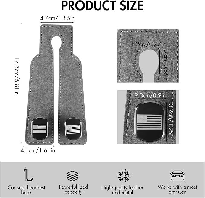 Car Seat Hooks for Headrest,Leather Car Purse Hook with American Flag,Fit for Universal Vehicle, 2 Pack (Grey)