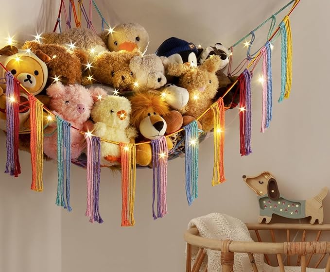 RelaxScene Stuffed Animal Storage Hammock Corner X-Large with LED Light - Baby Hammock Hanging Holder Plushies Net for Stuff Animals Organizer - Cute Room Decor Aesthetic Kids Toddler Nursery Bedroom