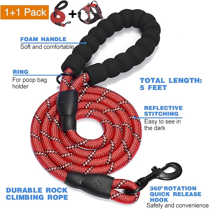 No Pull Dog Harness Adjustable Reflective Oxford Easy Control Medium Large Dog Harness with A Free Heavy Duty 5ft Dog Leash (S (Neck: 14"-17", Chest: 18.5"-20"), Red Harness+Leash)