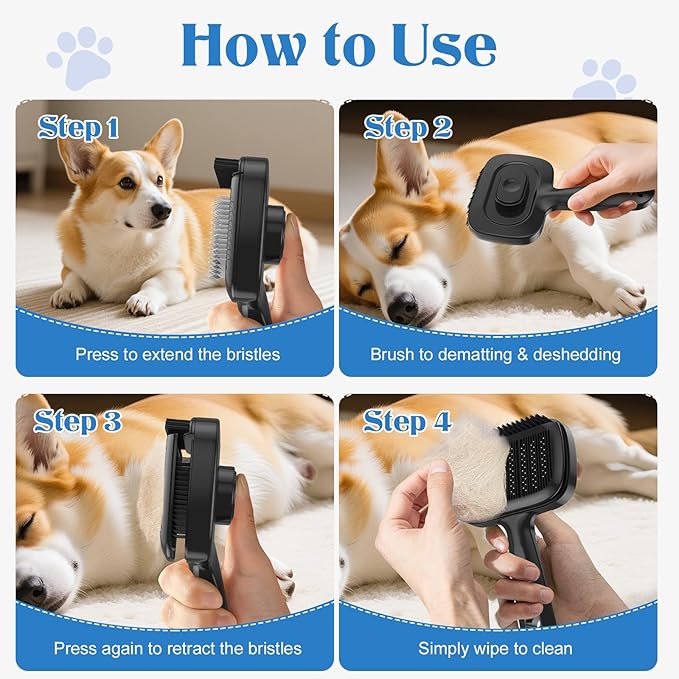 Self Cleaning Dog Brush for Shedding - Bristle Brush and Long/Short Needles Design, Skin Friendly, Slicker Deshedding Dog Brush, Hair Removal for Long & Short Haired Pets (Black)
