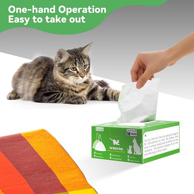 50 Pack Cat Litter Bags, Compatible with Litter Robot 3 and 4 Waste Bags, Thick Pre-Separated Heavy Duty Litter Box Liner Bags, 26.8" x 16.2"