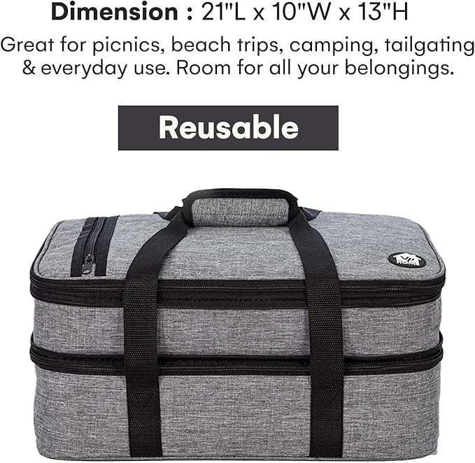 VP Home Large Casserole Carrier - Double Compartment Insulated Bag for Hot or Cold Food - Cupcake Carrier - Insulated Tote Bag with Lid for Travel Parties or Food Transport Containers - Heather Gray