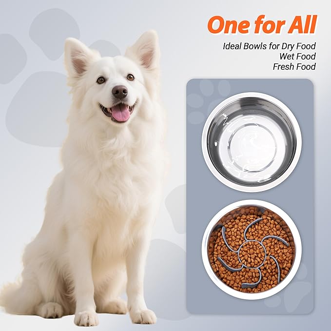 Stainless Steel Dog Bowls with Suction Base 2 Pack,Non-Slip Pet Food and Water Bowls Set with One Slow Feeder Insert for Tile/Hardwood/Smooth Floors