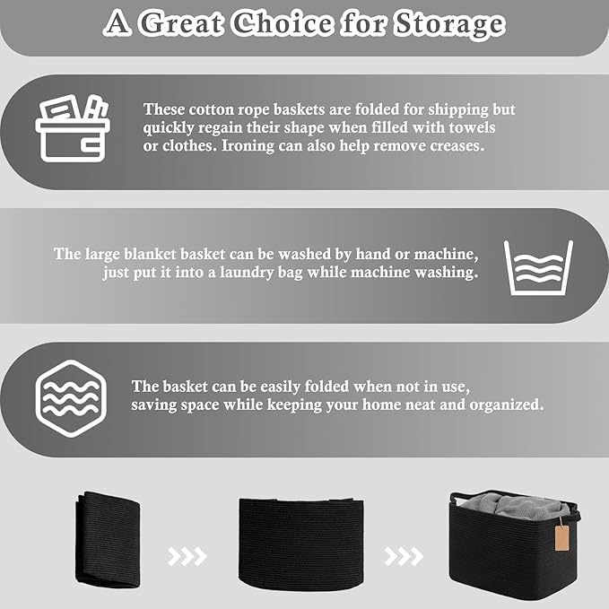 Goodpick Woven Storage Baskets for Organizing, 18" x 14" x 12" Rectangle Blanket Basket with Handles, Nursery Cotton Rope Basket for Living Room, Bedroom, Black