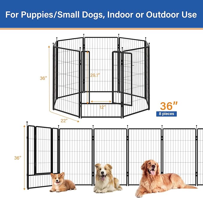 Dog Playpen 36 inch 8 Panels for Indoor & Outdoor Use – Heavy-Duty Metal Pet Fence with Ground Stakes, Rounded Ball Tops for Safety, Stable & Foldable Design, Easy to Assemble