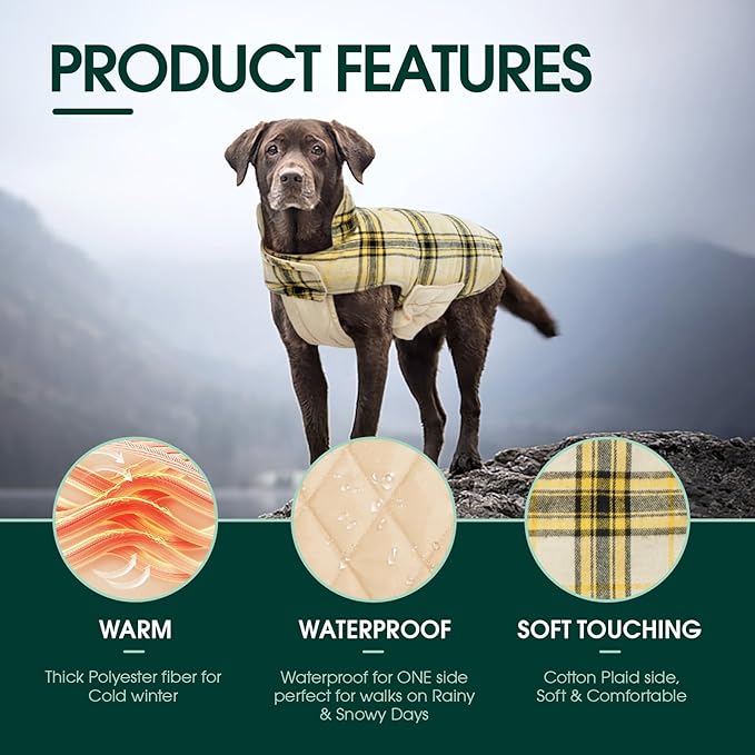 Kuoser Warm Dog Coat, Waterproof Dog Jacket for Extra Large Dogs, Adjustable Durable XL Doggie Winter Coat Reversible Cozy Puppy Cold Weather Apparel from Small to Large Breed, Yellow XL