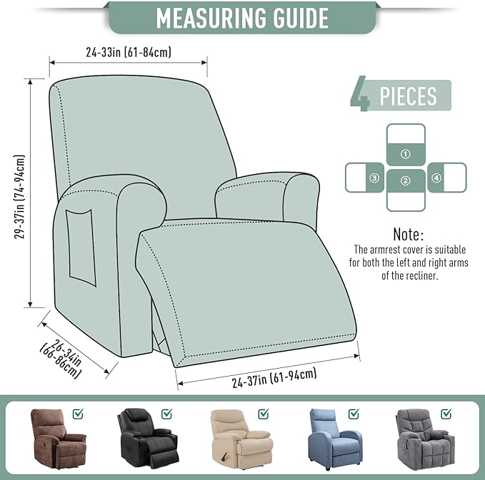 TAOCOCO Recliner Cover 4-Pieces, Recliner Stretch Sofa Slipcover, Recliner Cover 1 Seat, Couch Protector Soft, Furniture Protector Covers with Elastic,Chair Covers Jacquard Pattern (Sage Green)