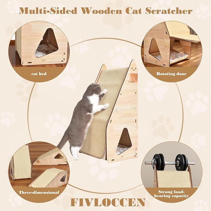 large Cat Scratching Post with Bed: Modern Sisal Cat Scratcher & Wood Frame, Integrated Cat Scratch Pad Post Condo Tunnel. All-in-One Space Saver for Multi-Cat & Budget-Friendly Homes (24in)