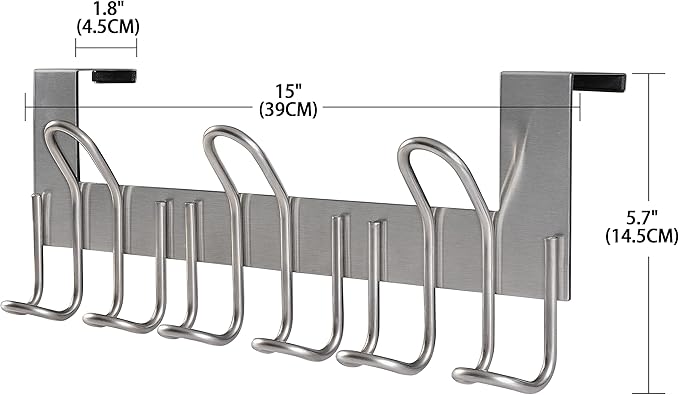 SKOLOO Over The Door Hooks - for Doors up to 1-3/4'' Thickness, Pack of 2, Metal Door Hanger with 9 Hooks, Over The Door Hanger for Coats, Hats, Towels, Silver