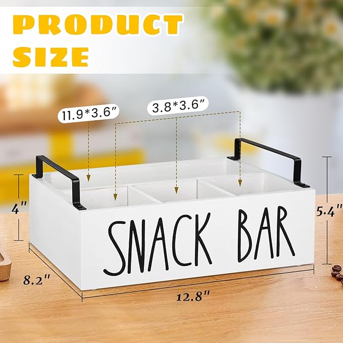 Snack Organizer for Countertop, Wood Pantry Storage Bins with Handles, Snack Bar Organizer for Pantry Shelf, Kitchen, 4 Compartment Food Container Snack Box, Pantry Organizer for Snacks, Chips(White)