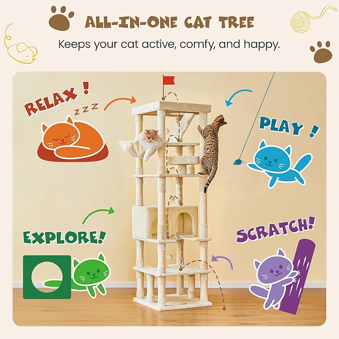 MWPO 74.8 inches Large Cat Tree with Sisal-Covered Scratching Posts & Condo, Tall Cat Tower Entertainment Playground Furniture for Cats & Kittens - Multiple Colors-Beige