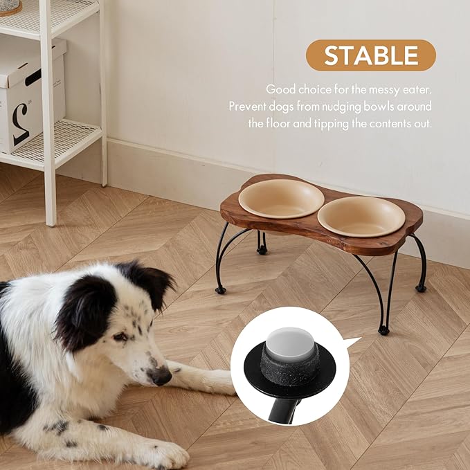 Ceramic 7.1-inch Raised Double-Bowl Set with Non-Slip Stand, 2.5 Cup Food or 24 oz Water Dishes for Medium and Dogs, Wide Opening with Rounded Edges(Oat Beige)
