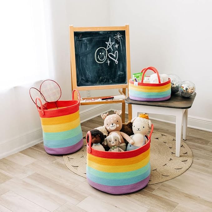 OrganiHaus Rainbow Nursery Storage Basket, Cotton Rope Toy & Diaper Caddy Organizer with Handles, Baby Diaper Organizer, Foldable Design, Machine Washable, Ideal for Baby Room & Laundry