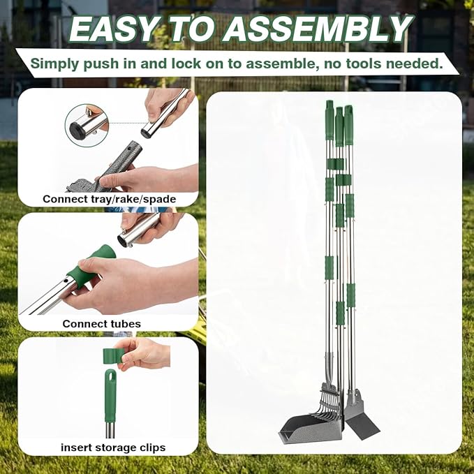 FUSBUNTY Pooper Scooper, Long Handle Dog Pooper Scooper, Heavy Duty Stainless Steel Rake with Tray & Spade Set for Pet Waste Removal, for Grass, Dirt or Gravel - Green