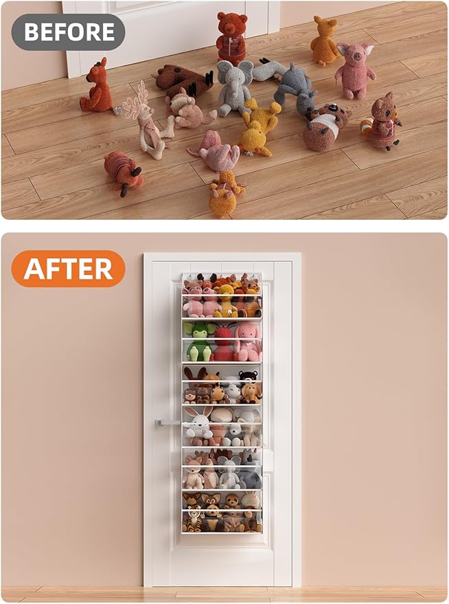 Over the Door Organizes- 6 Tier Stuffed Animal Storage, Hanging Organizer for Toys/Plushies, Back Door Organizers and Storage Holder Bag for Bathroom Nursery Newborn Baby Essential Stuff (Clear)