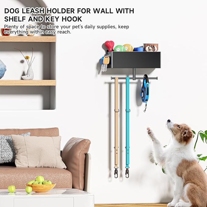 Dog Leash Holder for Wall, Dog Leash Hooks, Pet Stuff Organizer with Shelf Storage, Metal Key Holder, Leash Hangers Organizer Rack for Pet Collar, Toys, Treats, Poop Bag (Black)