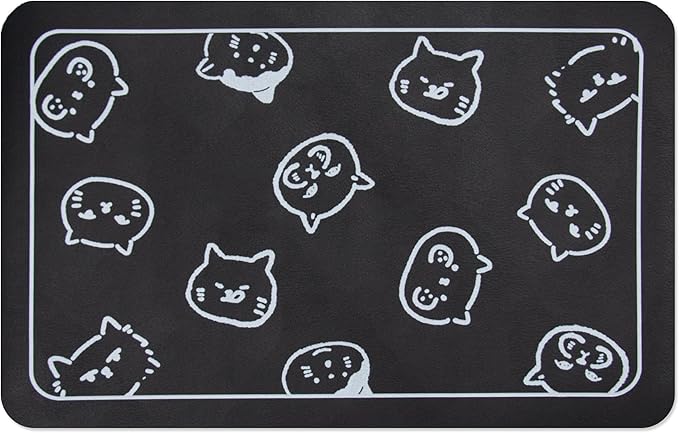 YCT Cat Food Mat for Pet Dogs - Non Slip Super Absorbent, with Multiple Cat Heads Logo, 18.1 x 11.8 Inches, Black