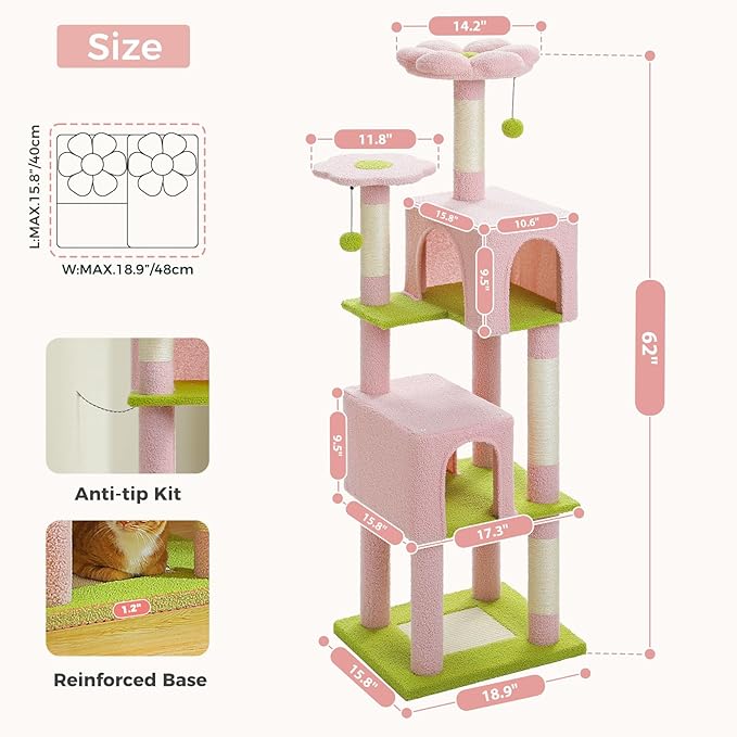 62" Flower Cat Tree for Indoor Cats, Multi-Level Cat Tower with 2 Spacious Condos, Dual Top Perches, Scratching Pad, 4 Scratching Posts, 2 Pompoms, Pink