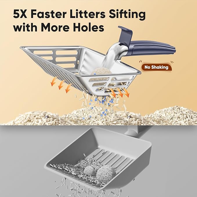 KooMooM Metal Cat Litter Scoop, Large Cat Scooper with Deep Shovel & Dual Sifting Holes for Fast & Precise Sifting, Space Aluminum Kitty Litter Scooper with Long Handle & Easy-to-Hang Hook - Blue