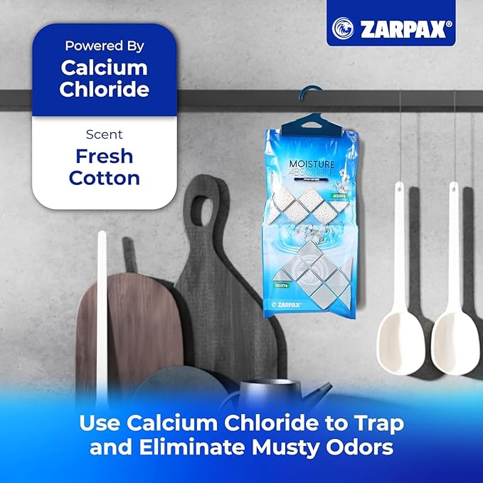 Hanging Moisture Absorber Fresh Cotton 10.6 oz/300g | Moisture Absorbing Bags for Bathroom, Closet, Kitchen & Vehicles | Removes Moisture, Humidity & Odors | Portable Dehumidifier | Set Of 10