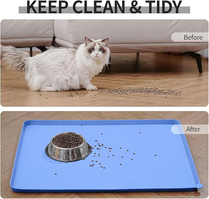 Reopet Waterproof Pet Feeding Mat with High Raised Edges, Heavier and Thicker Placemats for Cat Dog Water Bowl with BPA Free, Dogs Cats Food Mats for Messy Drinkers to Prevent Spill and Protect Floors