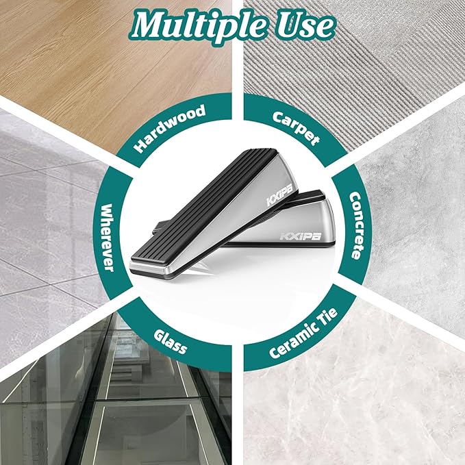 2 Pack Rubber Door Stopper Wedge - Heavy Duty Door Stoppers Stop Wedge Made of Premium Quality Brushed Stainless Steel, Wall Protector for Home & School with Self Adhesive Holder Satin Nickel