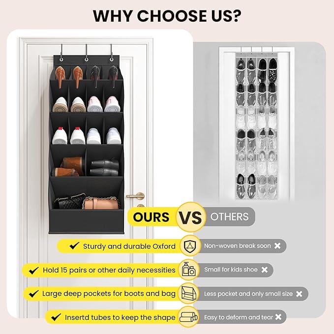 Over the Door Shoe Rack with Large Deep Pockets, Door Shoes Organizer for Closet, Hanging Boots Shoe Rack, Behind the Door Narrow Shoe Holder, Multiple Pockets for Flexible Storage, Black 
