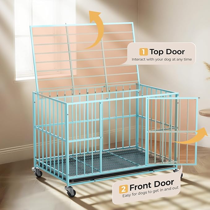 48 in Blue Heavy Duty Dog Crate Steel Escape Proof, Indoor Double Doors and Lockable Wheels,Removable Tray, for Extra Dog Breeds,XL,XXL