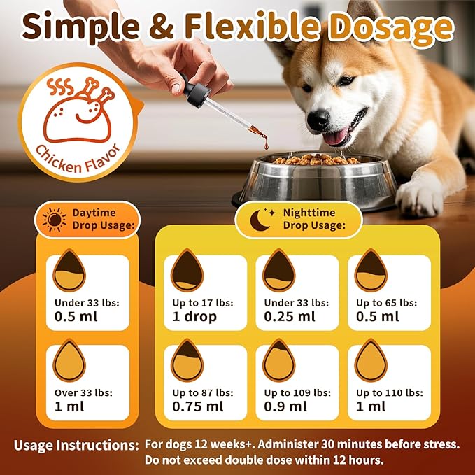 Dog Calming & Melatonin Drops, Day & Night Calm Support Set, Soothe Separation & Stress, Enhance Calmness & Sleep with Valerian Root, Ashwagandha, GABA, Melatonin, Chicken Flavor, 2 FL.Oz