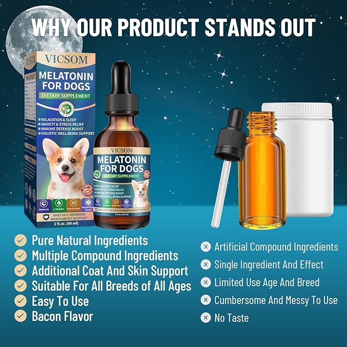 Liquid Melatonin for Dogs, 2 Pack Dog Melatonin for Small Medium Large Dog Sleep Aid, Stress & Anxiety Relief, Calm Aid for Dogs Puppies, Support Relaxation & Deep Sleep, 60ml x2