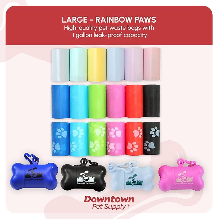 Downtown Pet Supply Poop Bags for Dogs with Dispenser, 1000 Count - Leak-Proof Dog Waste Bags and Bone-Shaped Dog Poop Bags Holder for Leash - Rainbow with Paw Prints, 12.5" x 8.5"